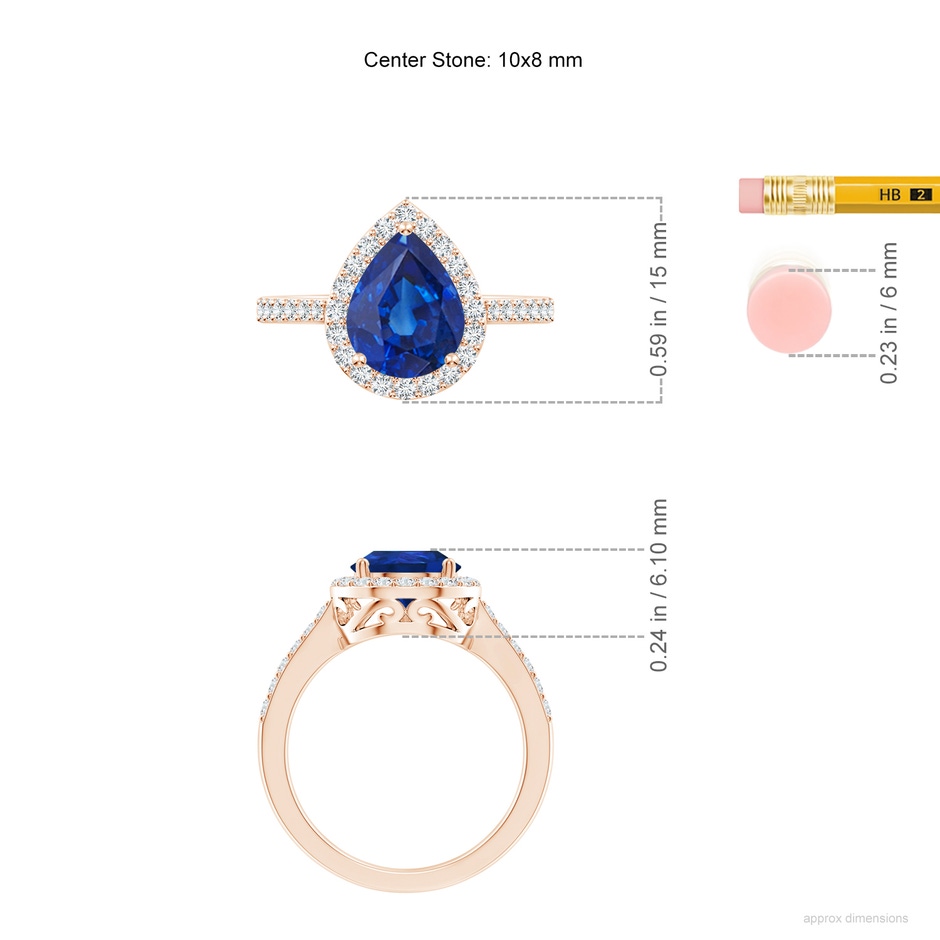 10x8mm AAA Pear Sapphire Ring with Diamond Halo in Rose Gold ruler