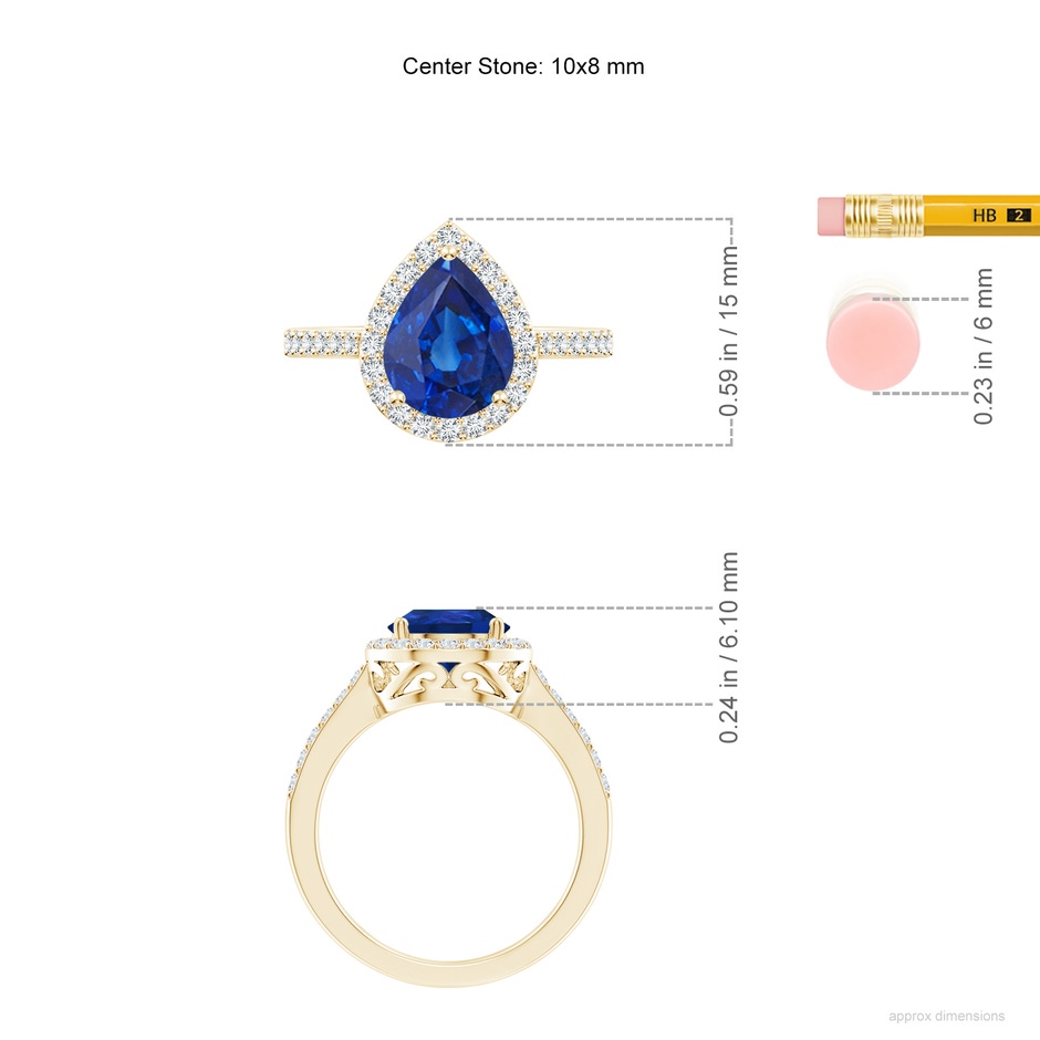 10x8mm AAA Pear Sapphire Ring with Diamond Halo in Yellow Gold ruler