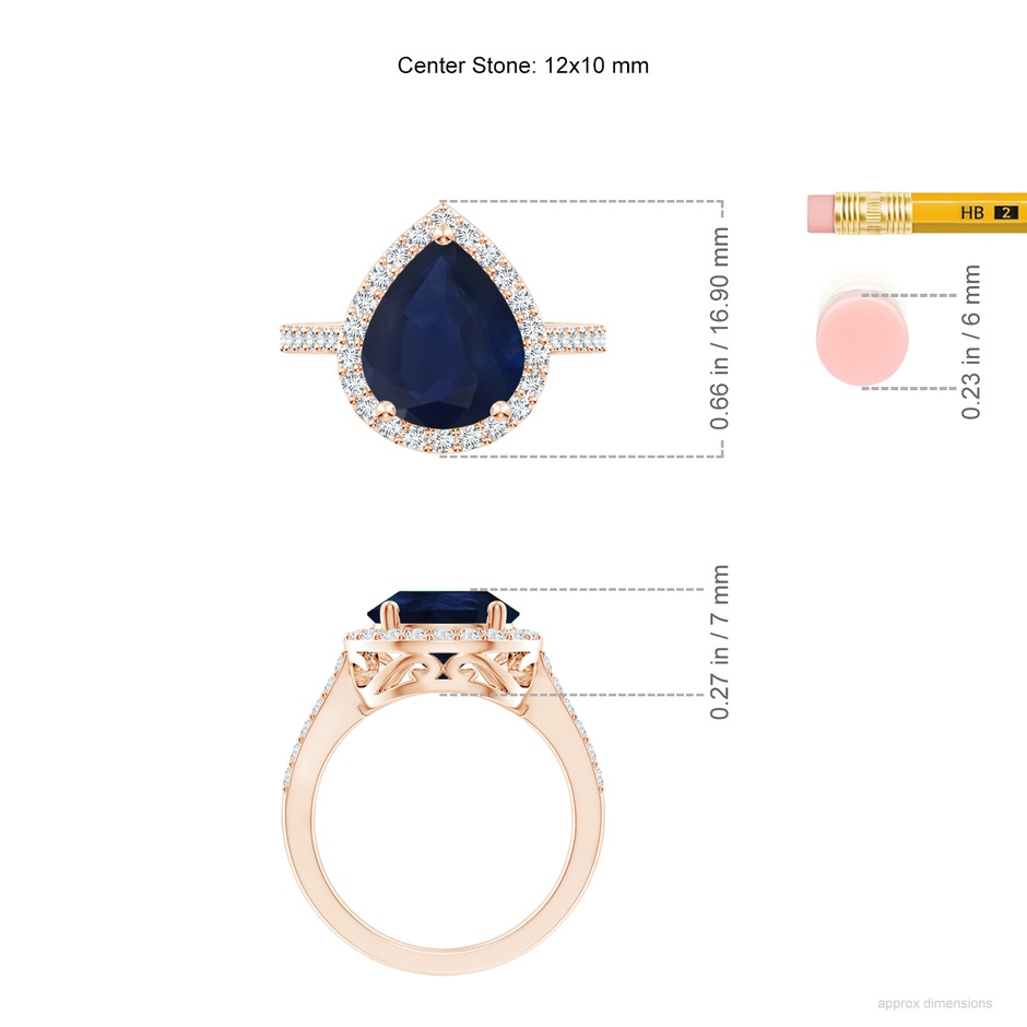 12x10mm A Pear Sapphire Ring with Diamond Halo in Rose Gold ruler