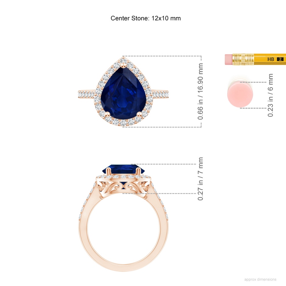12x10mm AA Pear Sapphire Ring with Diamond Halo in 18K Rose Gold ruler