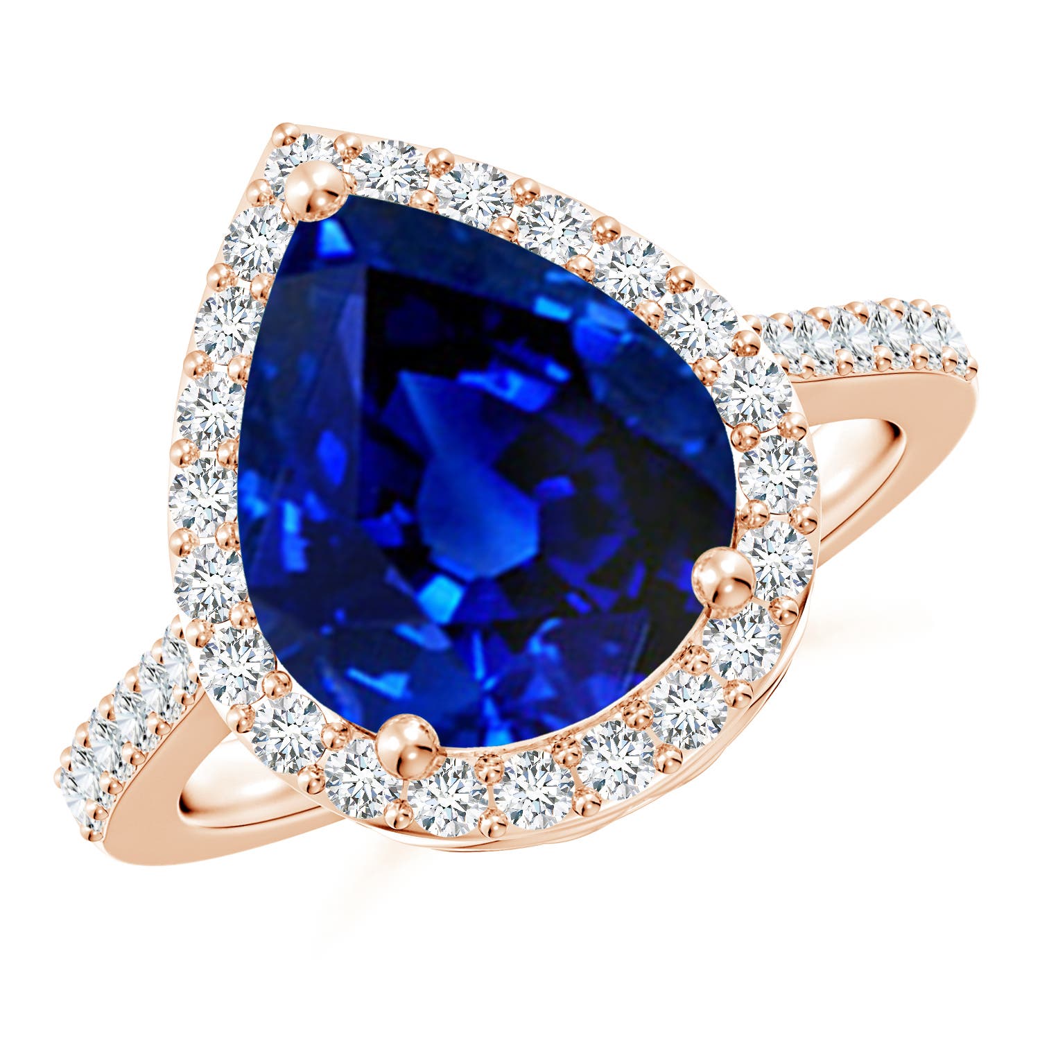 Angara 5.61 CTW Pear Sapphire Engagement Ring with Diamond Halo in 18K Rose Gold