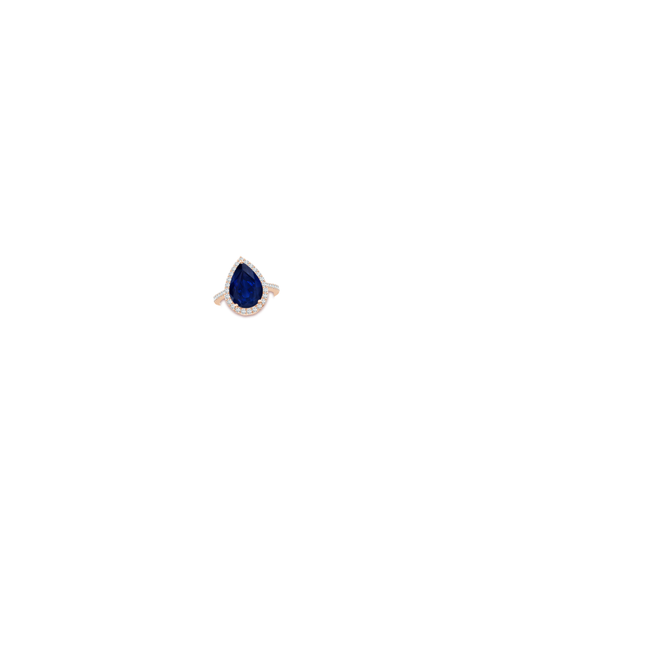 14x10mm AA Pear Sapphire Ring with Diamond Halo in Rose Gold hand