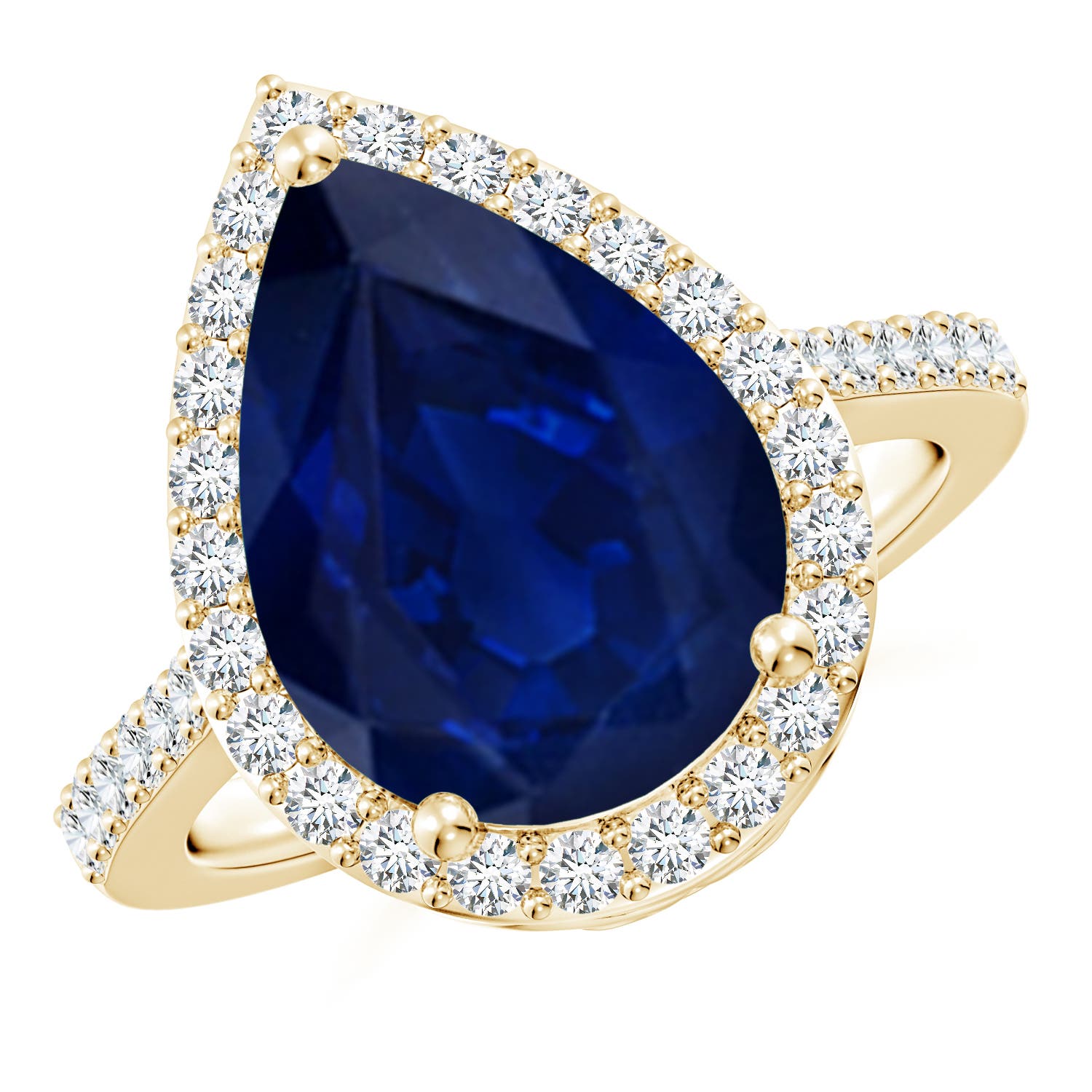 14x10mm AA Pear Sapphire Ring with Diamond Halo in Yellow Gold