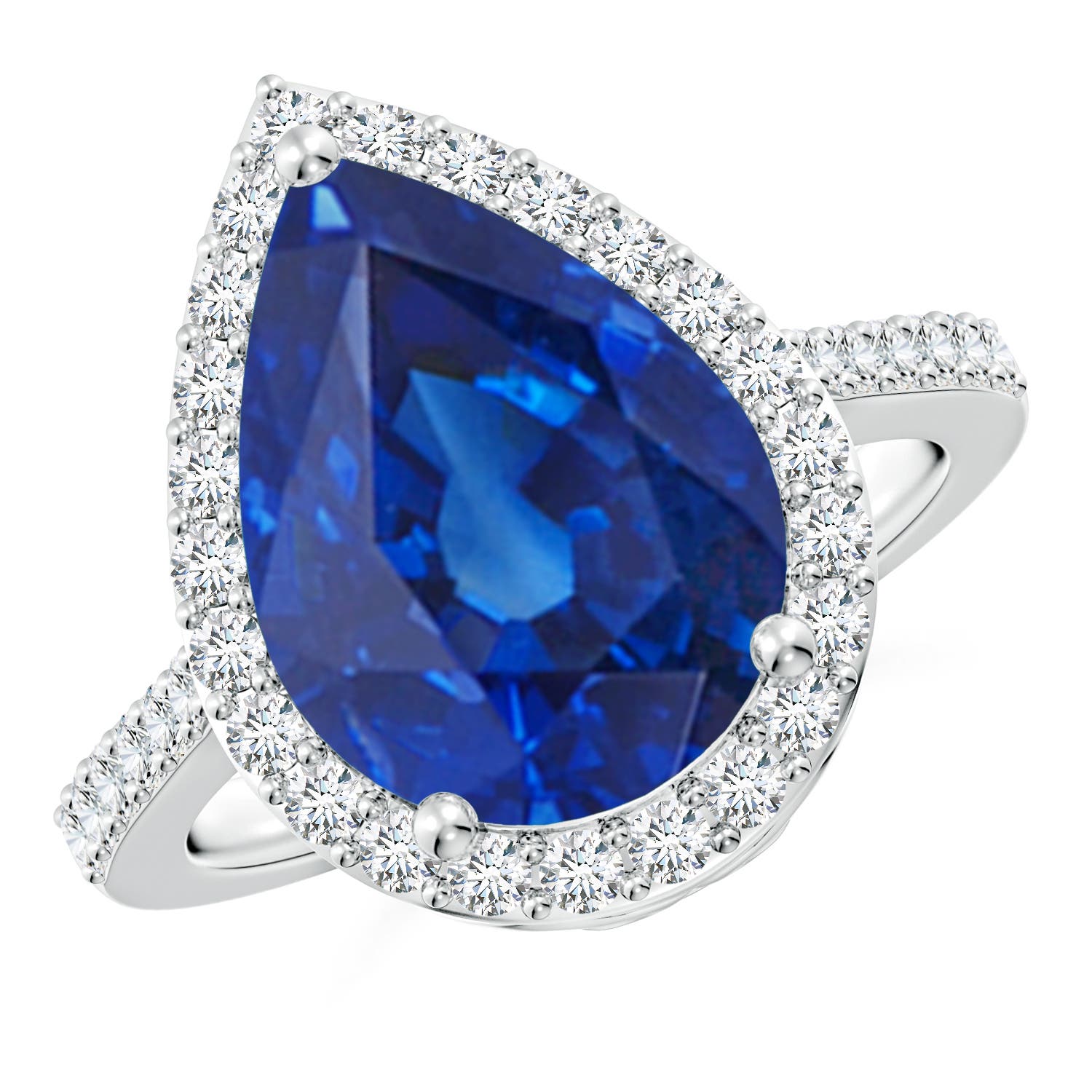Angara 7.14 CTW Pear Sapphire Engagement Ring with Diamond Halo in Platinum