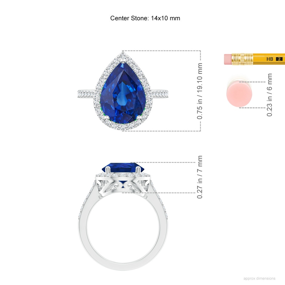 14x10mm AAA Pear Sapphire Ring with Diamond Halo in P950 Platinum ruler