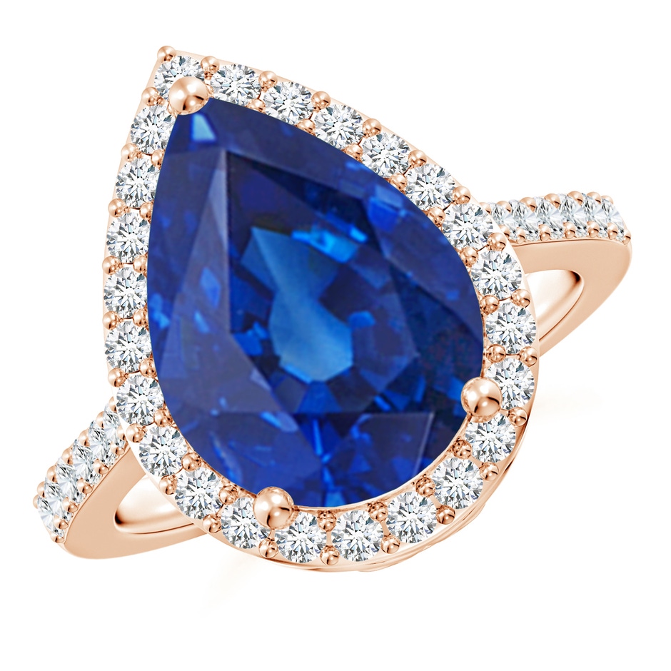 14x10mm AAA Pear Sapphire Ring with Diamond Halo in Rose Gold 