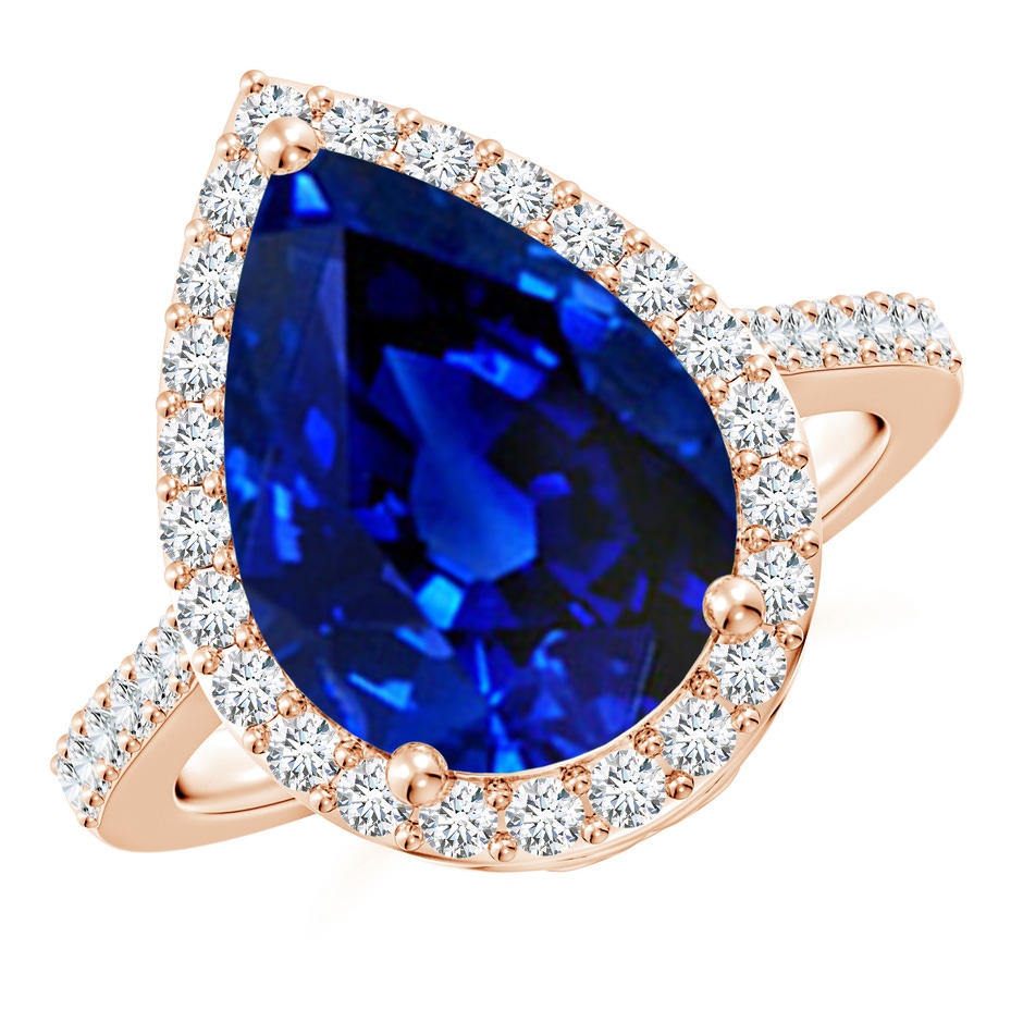 14x10mm AAAA Pear Sapphire Ring with Diamond Halo in 18K Rose Gold 