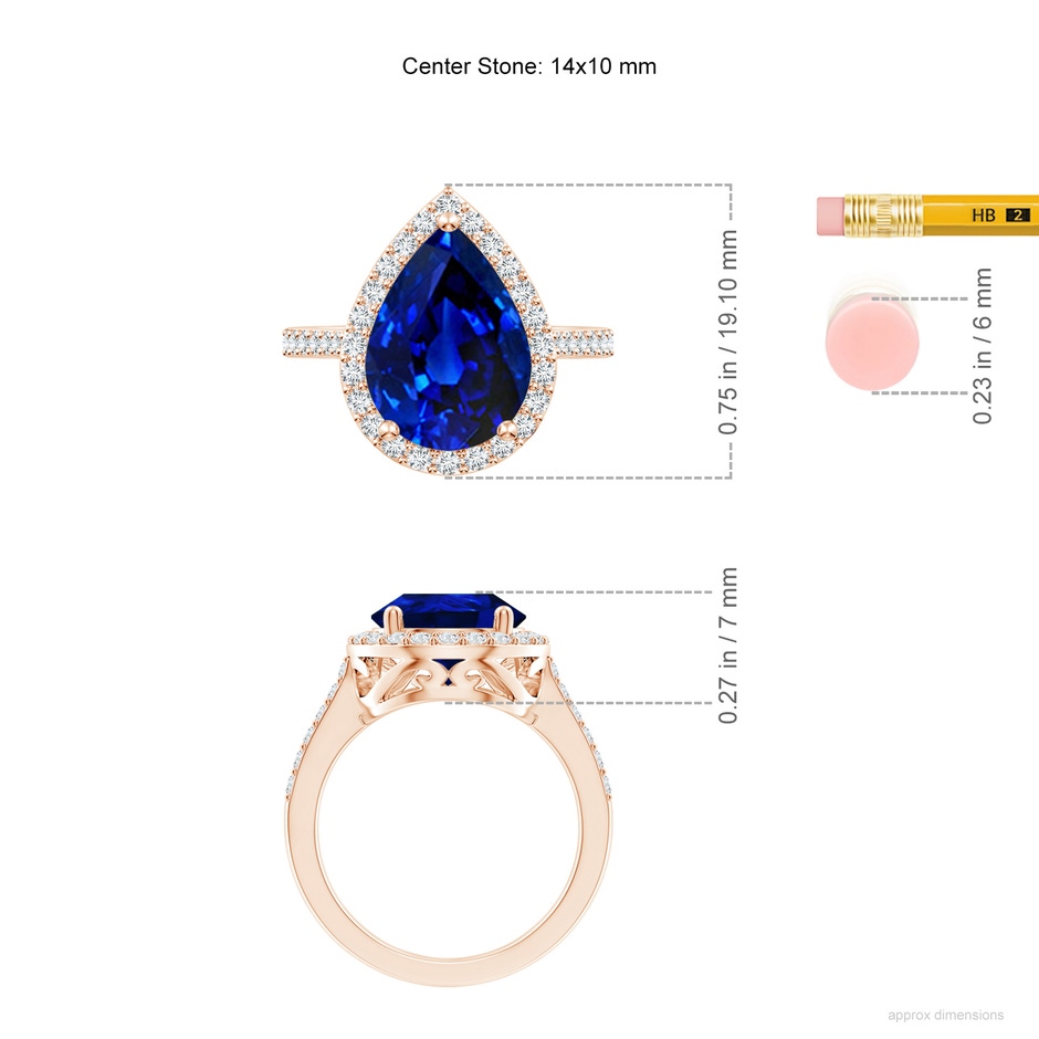 14x10mm AAAA Pear Sapphire Ring with Diamond Halo in 18K Rose Gold ruler