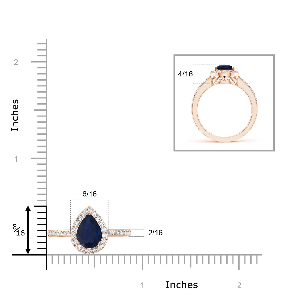 9x6mm A Pear Sapphire Ring with Diamond Halo in Rose Gold ruler