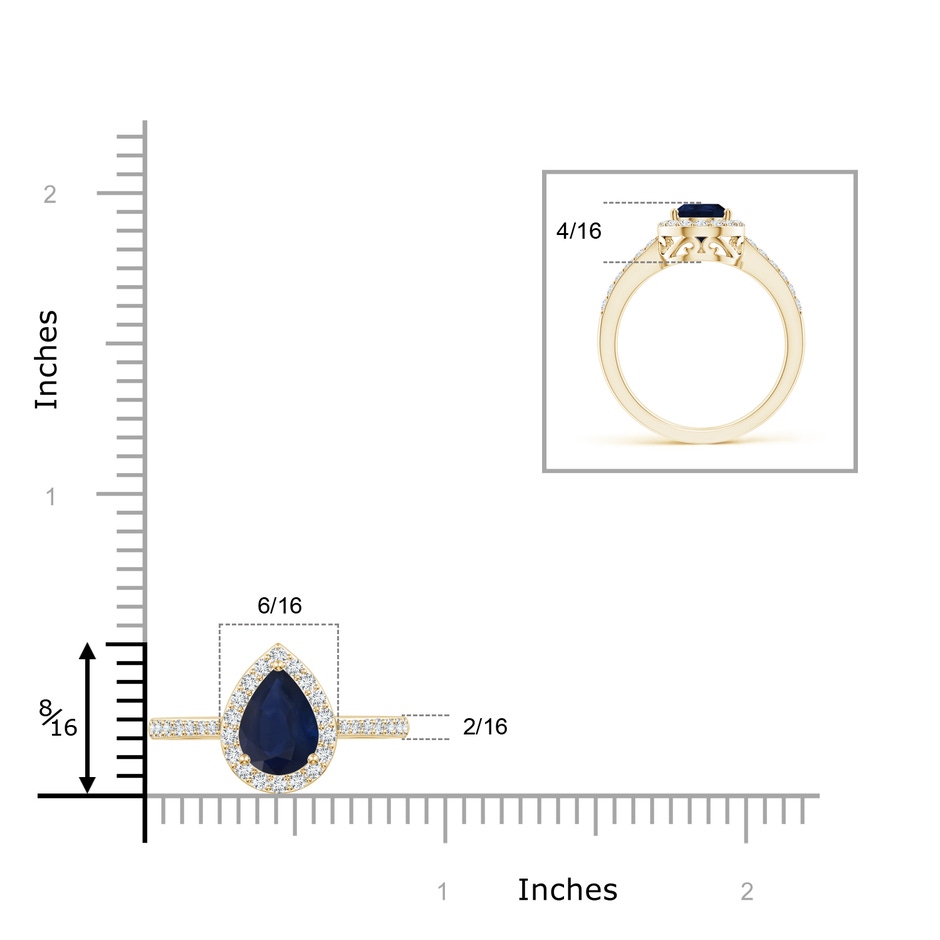 9x6mm A Pear Sapphire Ring with Diamond Halo in Yellow Gold ruler