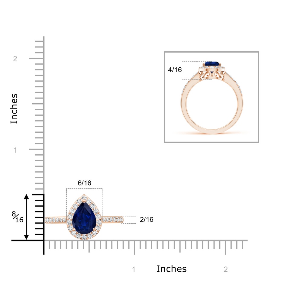9x6mm AA Pear Sapphire Ring with Diamond Halo in Rose Gold ruler