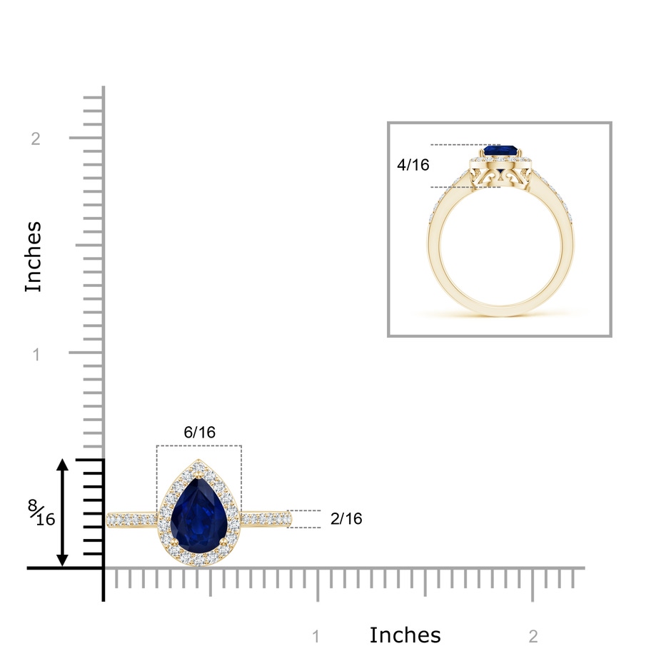 9x6mm AA Pear Sapphire Ring with Diamond Halo in Yellow Gold ruler