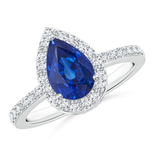 9x6mm AAA Pear Sapphire Ring with Diamond Halo in P950 Platinum