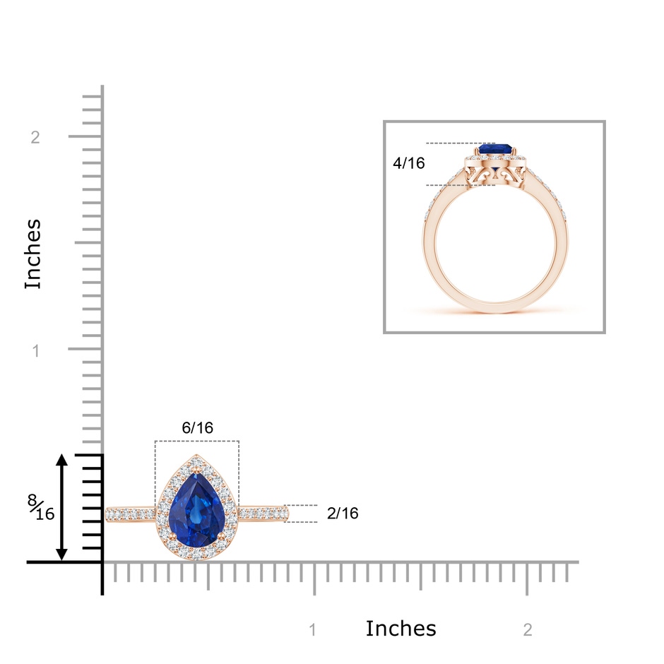 9x6mm AAA Pear Sapphire Ring with Diamond Halo in Rose Gold ruler