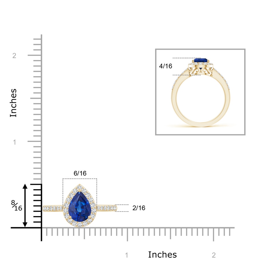 9x6mm AAA Pear Sapphire Ring with Diamond Halo in Yellow Gold ruler