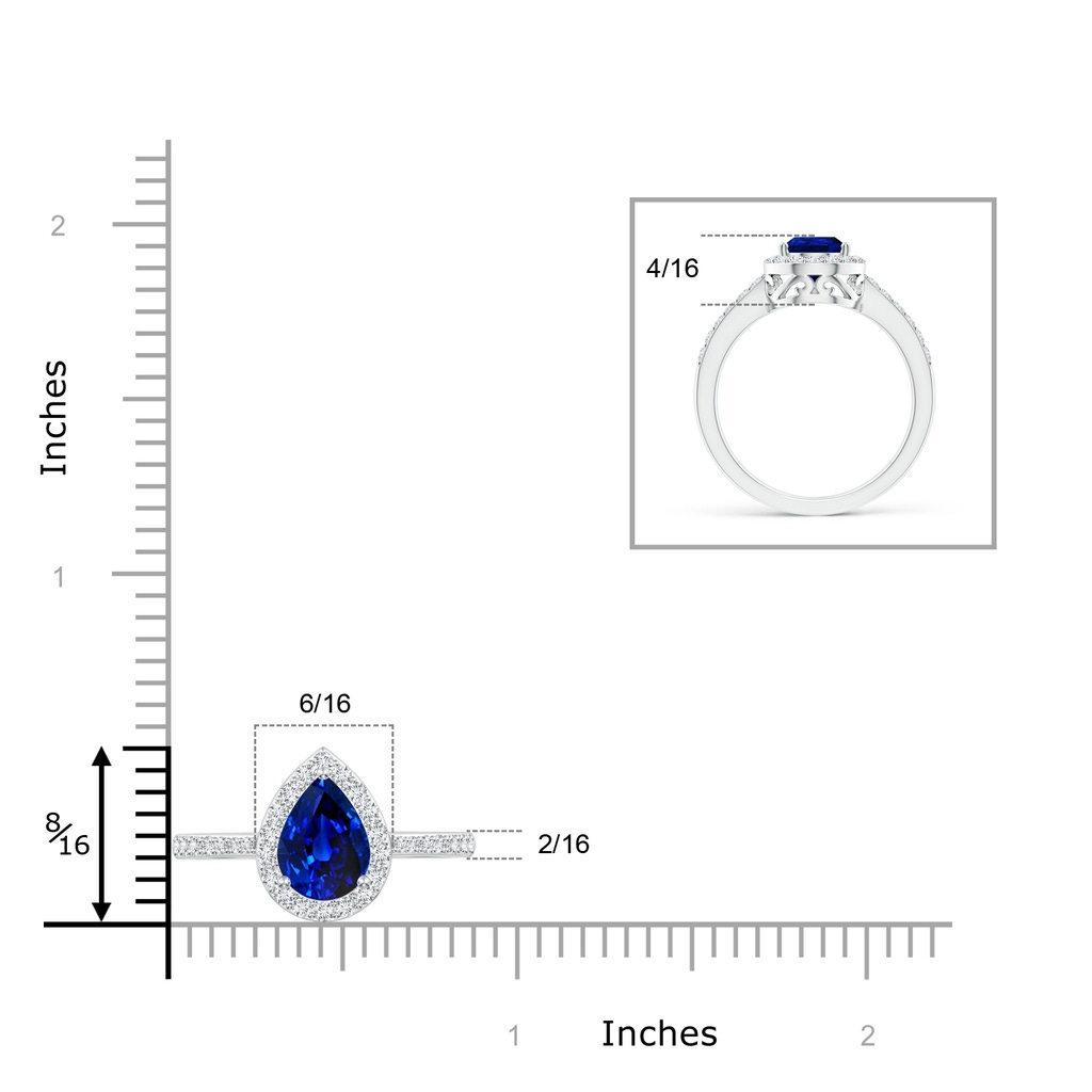 9x6mm AAAA Pear Sapphire Ring with Diamond Halo in White Gold ruler