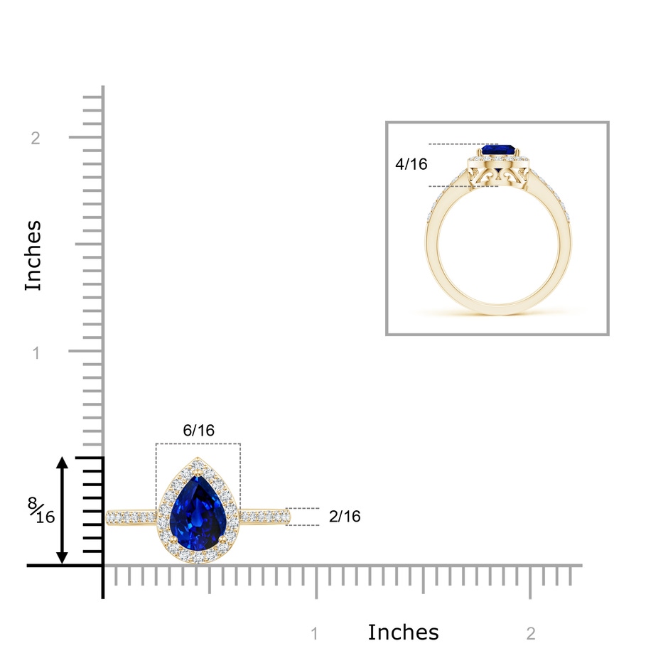 9x6mm AAAA Pear Sapphire Ring with Diamond Halo in Yellow Gold ruler