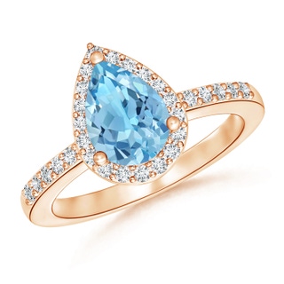 9x6mm A Pear Swiss Blue Topaz Ring with Diamond Halo in Rose Gold