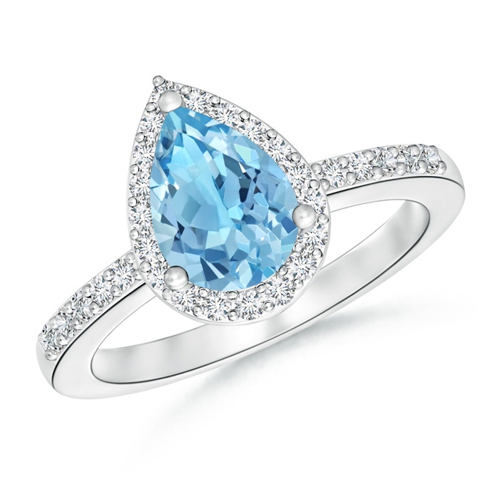 9x6mm A Pear Swiss Blue Topaz Ring with Diamond Halo in White Gold 