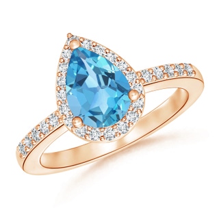 9x6mm AA Pear Swiss Blue Topaz Ring with Diamond Halo in 10K Rose Gold