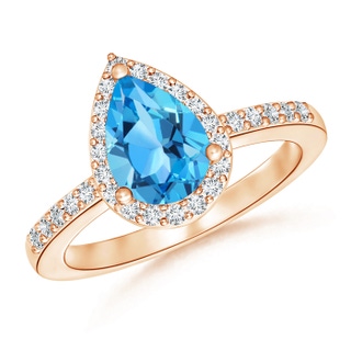 9x6mm AAA Pear Swiss Blue Topaz Ring with Diamond Halo in 10K Rose Gold