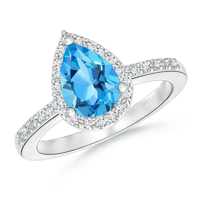 9x6mm AAA Pear Swiss Blue Topaz Ring with Diamond Halo in White Gold