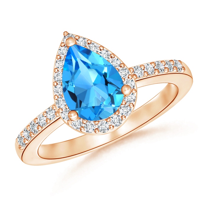 9x6mm AAAA Pear Swiss Blue Topaz Ring with Diamond Halo in 10K Rose Gold