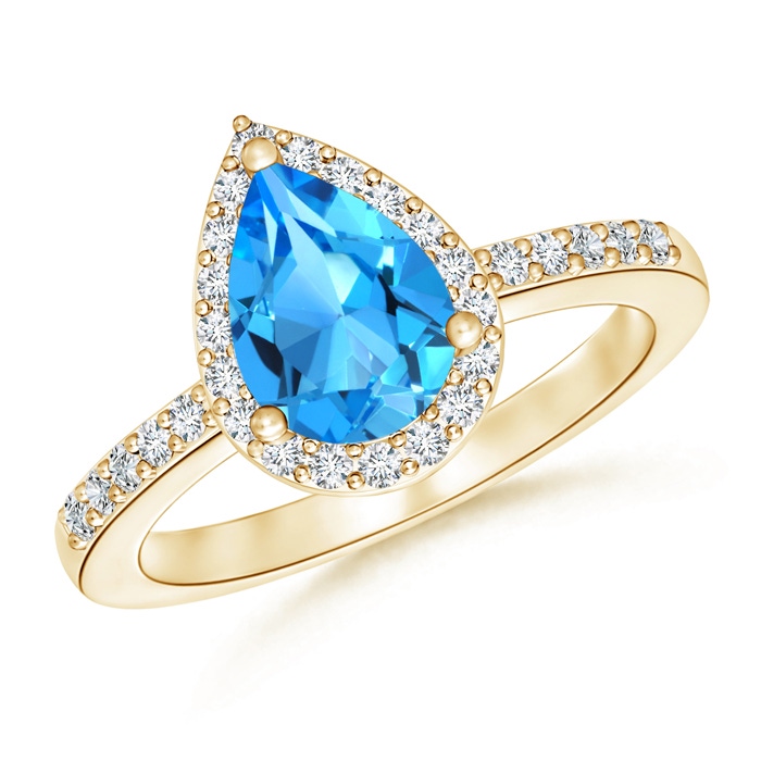 9x6mm AAAA Pear Swiss Blue Topaz Ring with Diamond Halo in 9K Yellow Gold