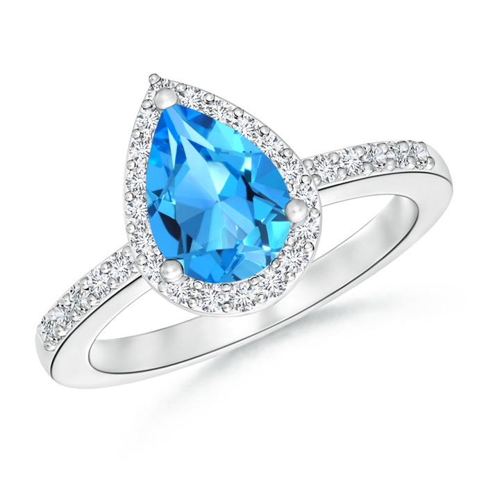 9x6mm AAAA Pear Swiss Blue Topaz Ring with Diamond Halo in P950 Platinum