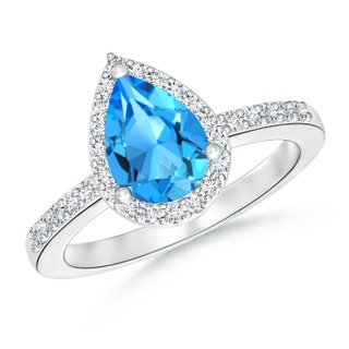 9x6mm AAAA Pear Swiss Blue Topaz Ring with Diamond Halo in White Gold