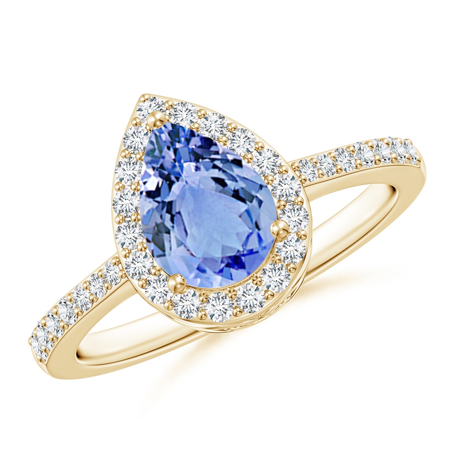 8x6mm A Prong-Set Pear Tanzanite Ring with Diamond Halo in 9K Yellow Gold 
