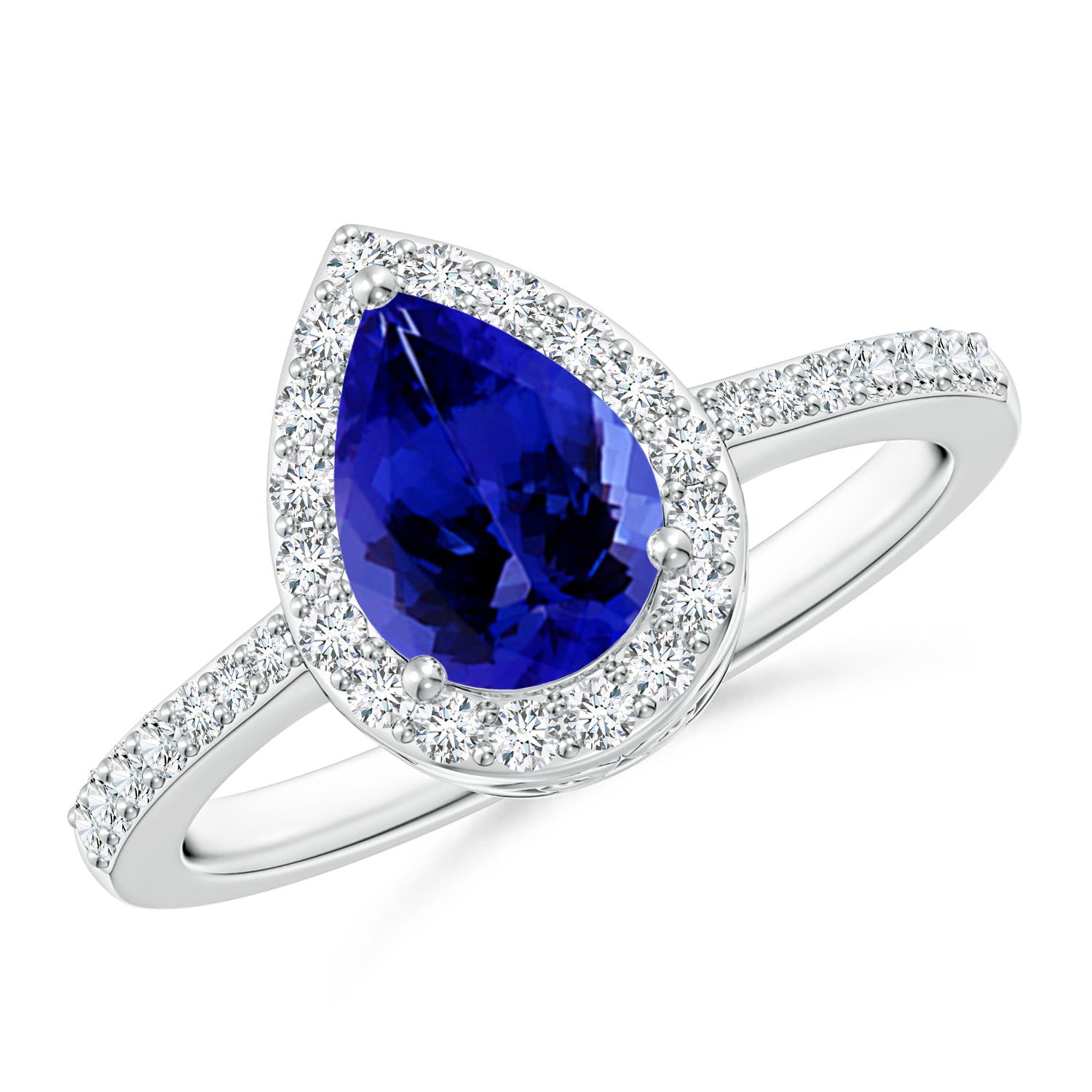 8x6mm AAAA Prong-Set Pear Tanzanite Ring with Diamond Halo in P950 Platinum