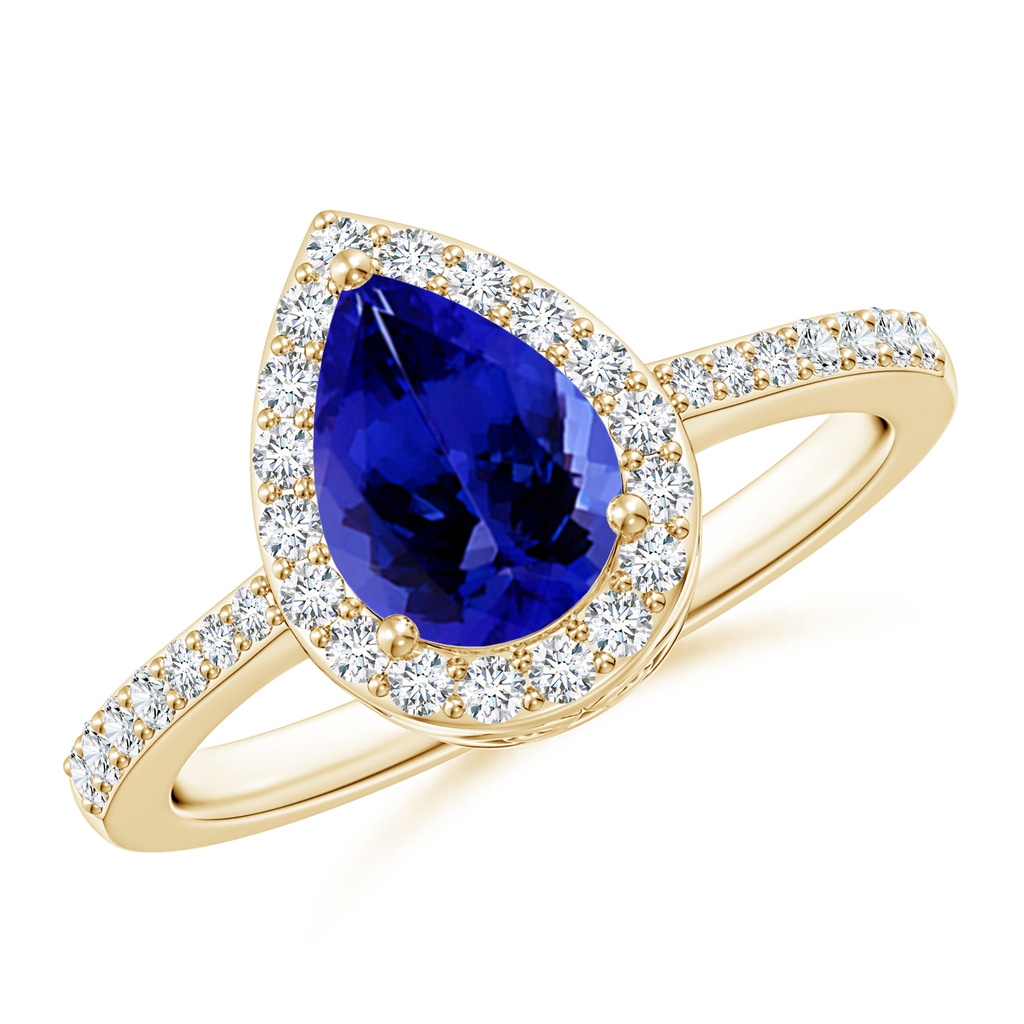 8x6mm AAAA Prong-Set Pear Tanzanite Ring with Diamond Halo in Yellow Gold