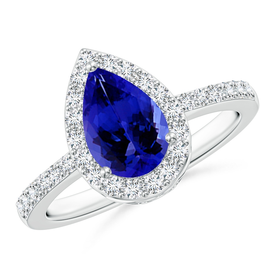 9x6mm AAAA Prong-Set Pear Tanzanite Ring with Diamond Halo in 18K White Gold 