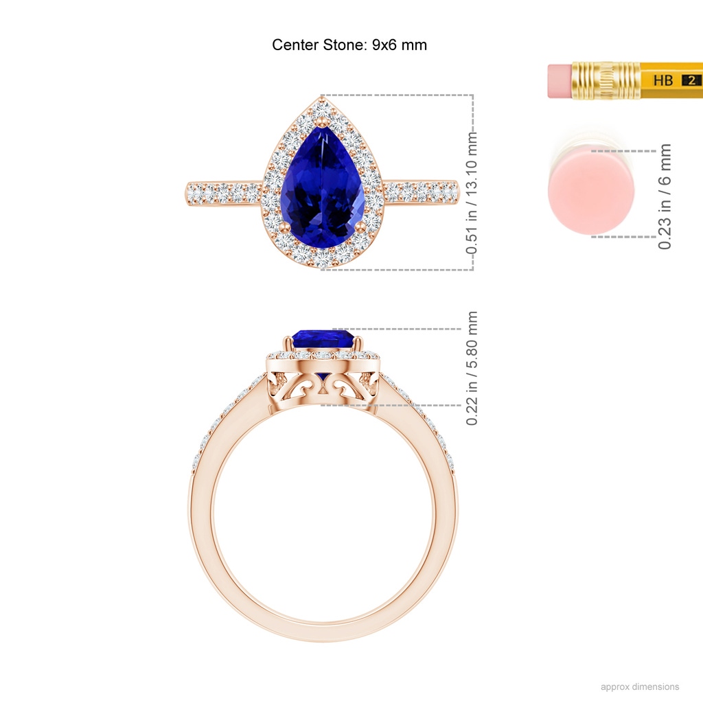 9x6mm AAAA Pear Tanzanite Ring with Diamond Halo in Rose Gold Ruler