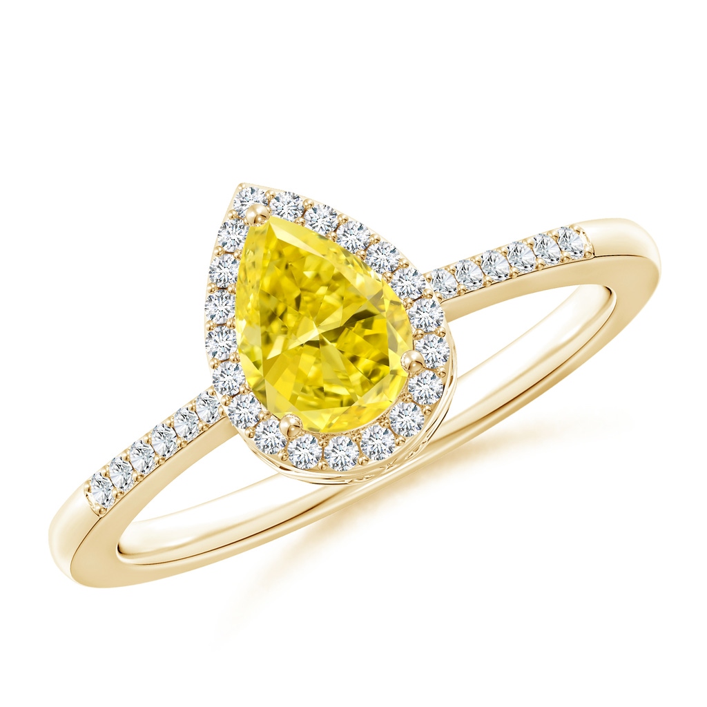 7x5mm AAAA Pear Fancy Intense Yellow Diamond Ring with Halo in Yellow Gold