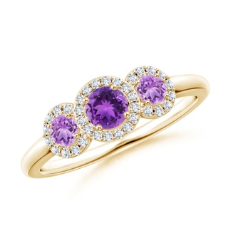 4mm AAA Round Amethyst Three Stone Halo Ring with Diamonds in Yellow Gold