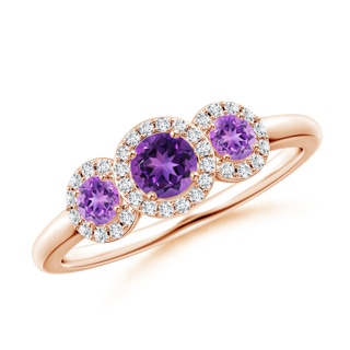 4mm AAAA Round Amethyst Three Stone Halo Ring with Diamonds in Rose Gold