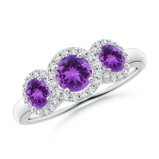 5mm AAA Round Amethyst Three Stone Halo Ring with Diamonds in White Gold