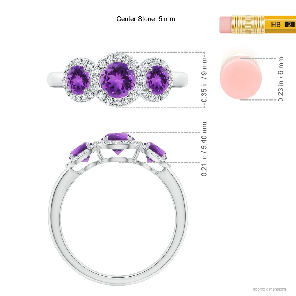 5mm AAA Round Amethyst Three Stone Halo Ring with Diamonds in White Gold Ruler