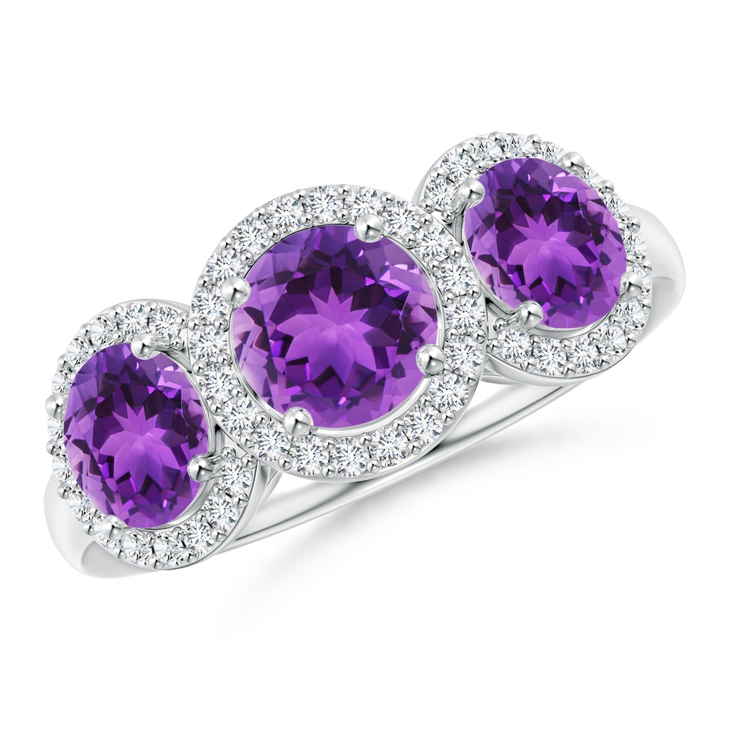 6mm AAA Round Amethyst Three Stone Halo Ring with Diamonds in 10K White Gold