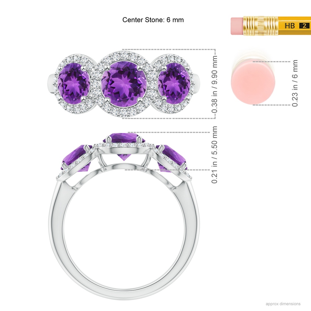 6mm AAA Round Amethyst Three Stone Halo Ring with Diamonds in 10K White Gold Ruler