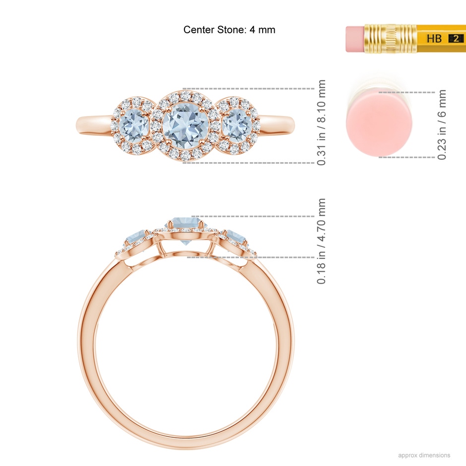 4mm A Round Aquamarine Three Stone Halo Ring with Diamonds in Rose Gold ruler
