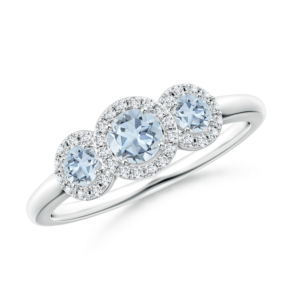 4mm A Round Aquamarine Three Stone Halo Ring with Diamonds in White Gold 