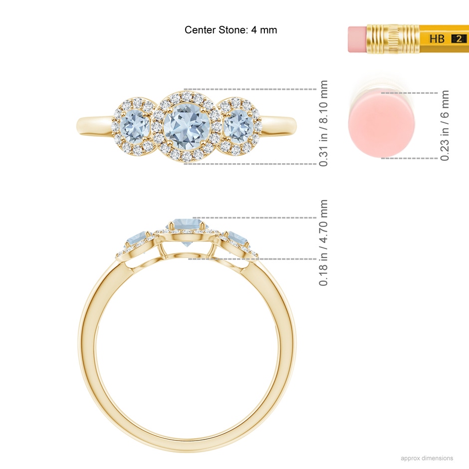 4mm A Round Aquamarine Three Stone Halo Ring with Diamonds in Yellow Gold ruler
