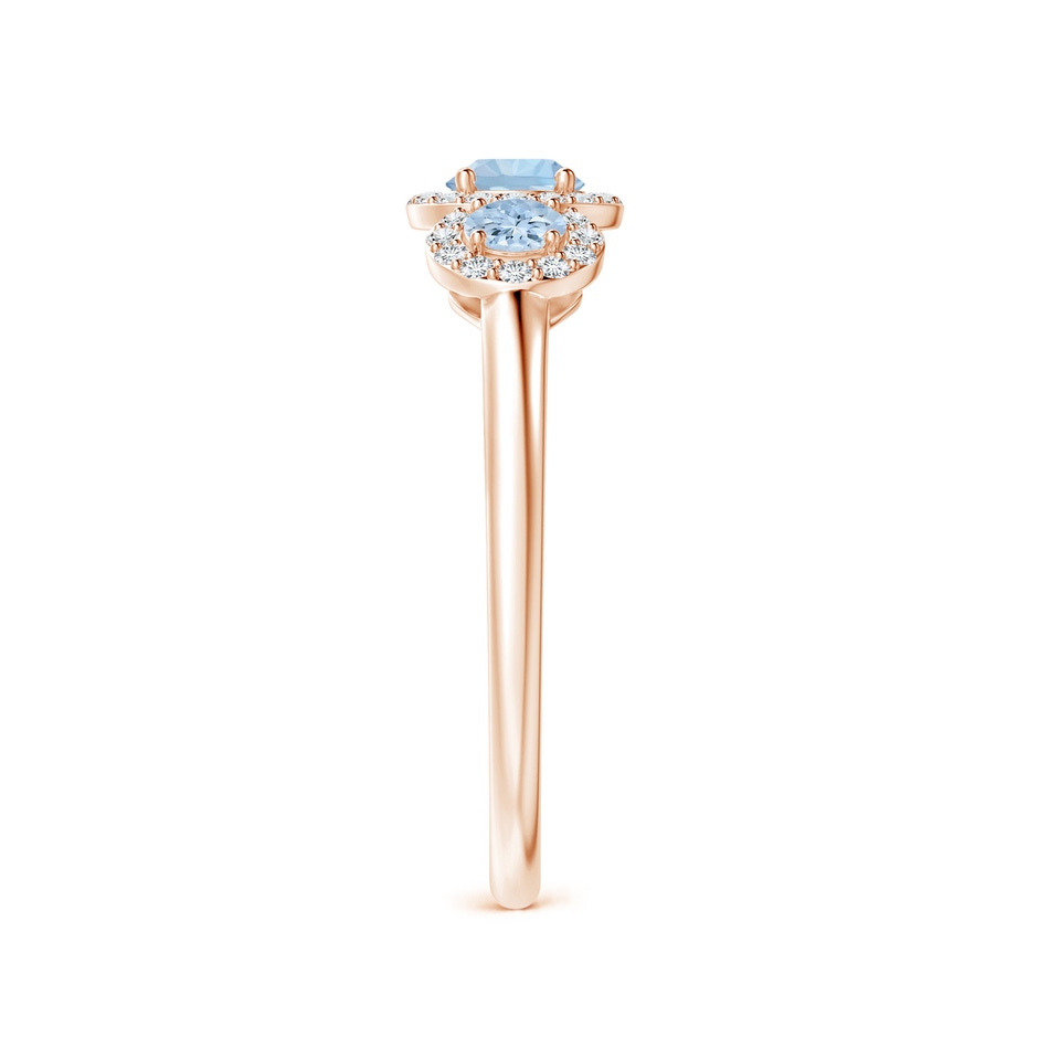 4mm AA Round Aquamarine Three Stone Halo Ring with Diamonds in Rose Gold side-2