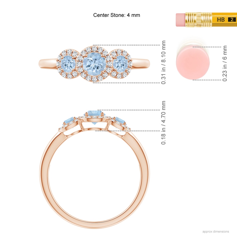 4mm AA Round Aquamarine Three Stone Halo Ring with Diamonds in Rose Gold ruler