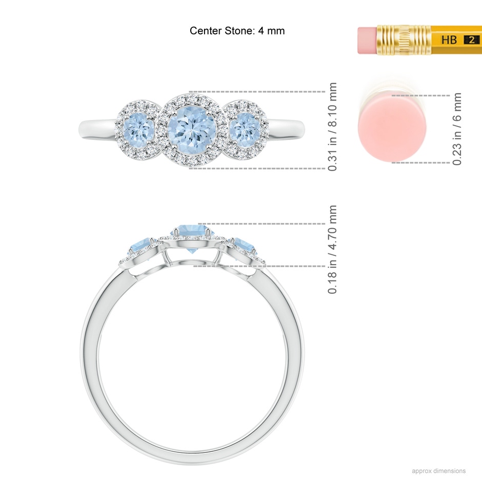 4mm AA Round Aquamarine Three Stone Halo Ring with Diamonds in White Gold ruler