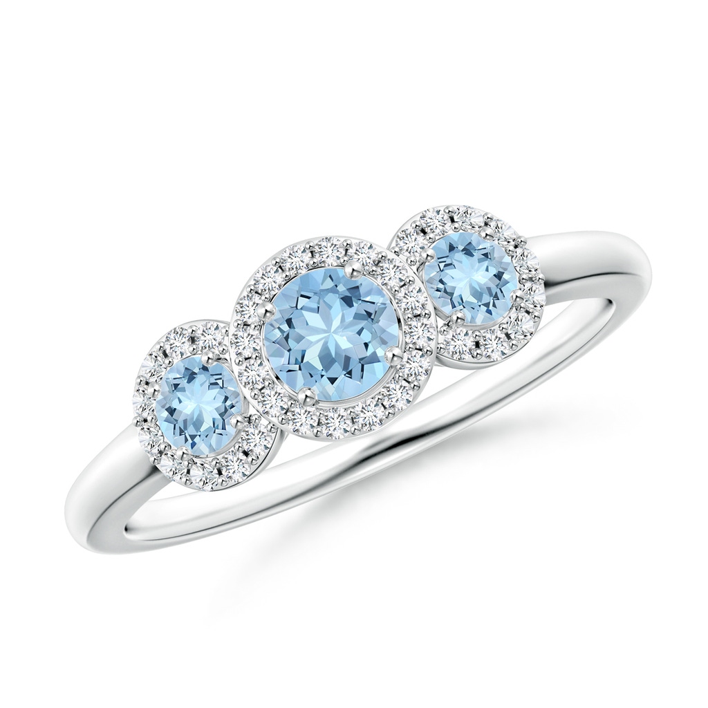 4mm AAA Round Aquamarine Three Stone Halo Ring with Diamonds in White Gold