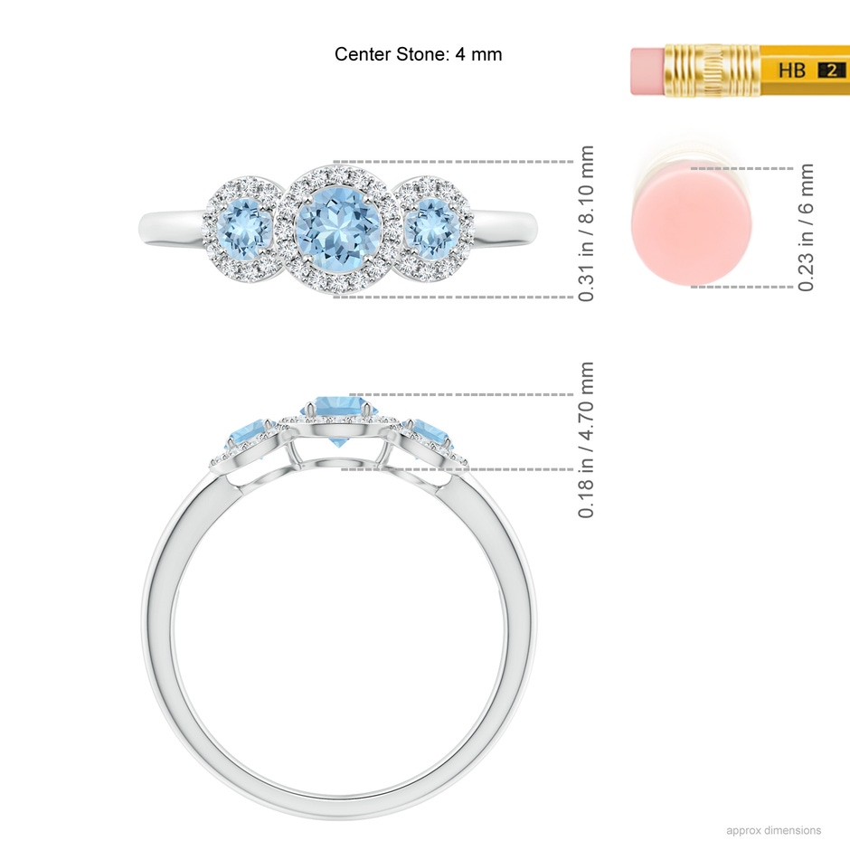 4mm AAA Round Aquamarine Three Stone Halo Ring with Diamonds in White Gold ruler